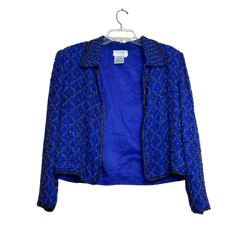 y2k Blue Evening Dinner Jacket Women Large Silk Beaded‎ Vintage Glam Beaded Chic